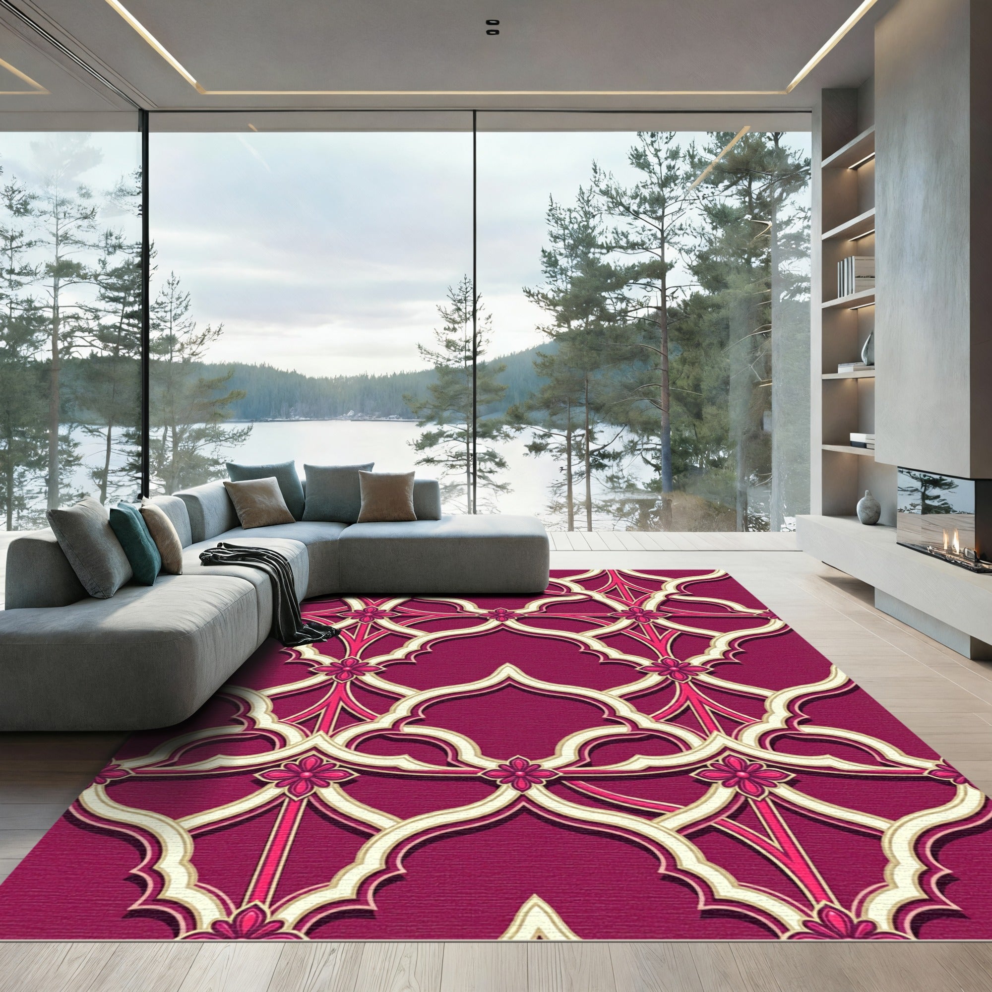 Ornate Burgundy Trellis with Floral Accents Rug