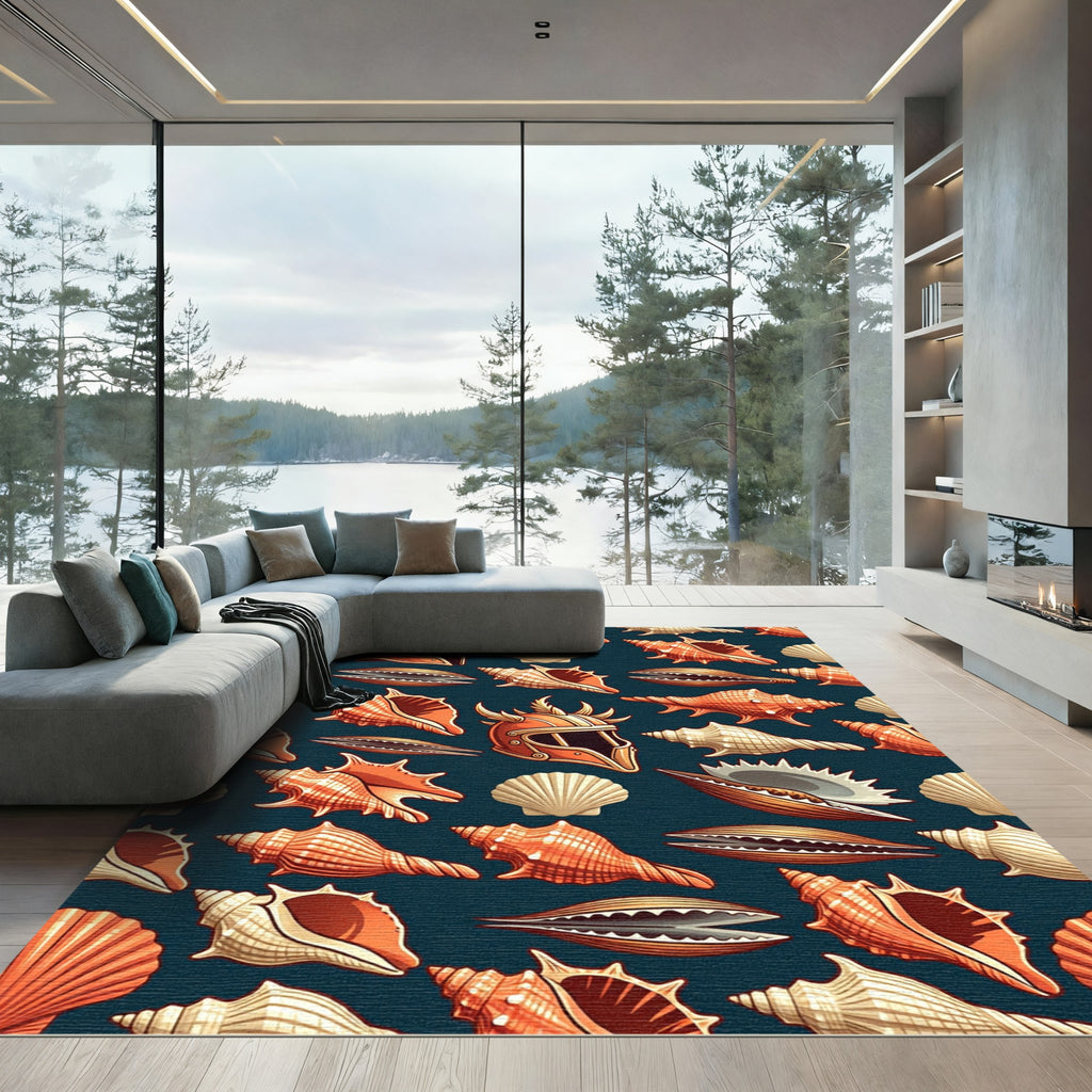 Orange Seashell Viking Helmet Marine Art Rug