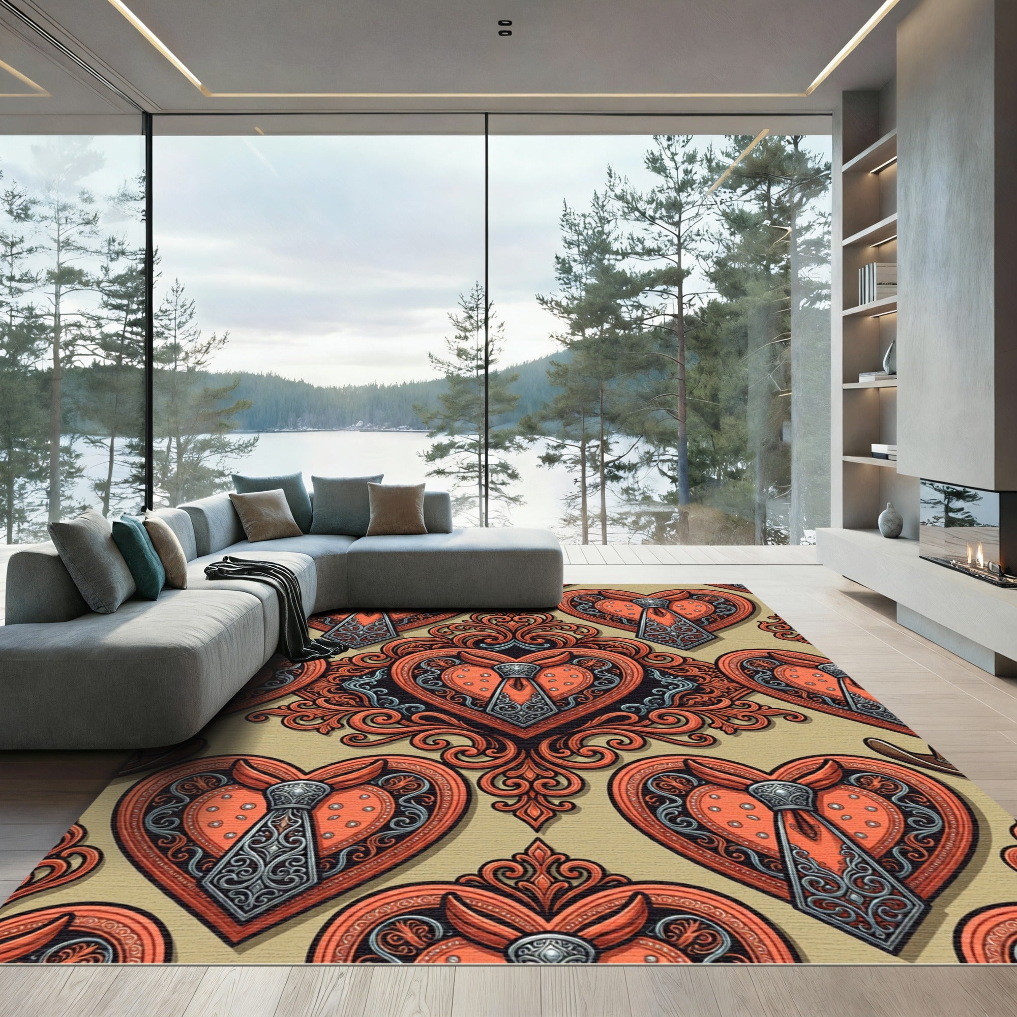 Orange Heart Ornate Scroll Tie Rug