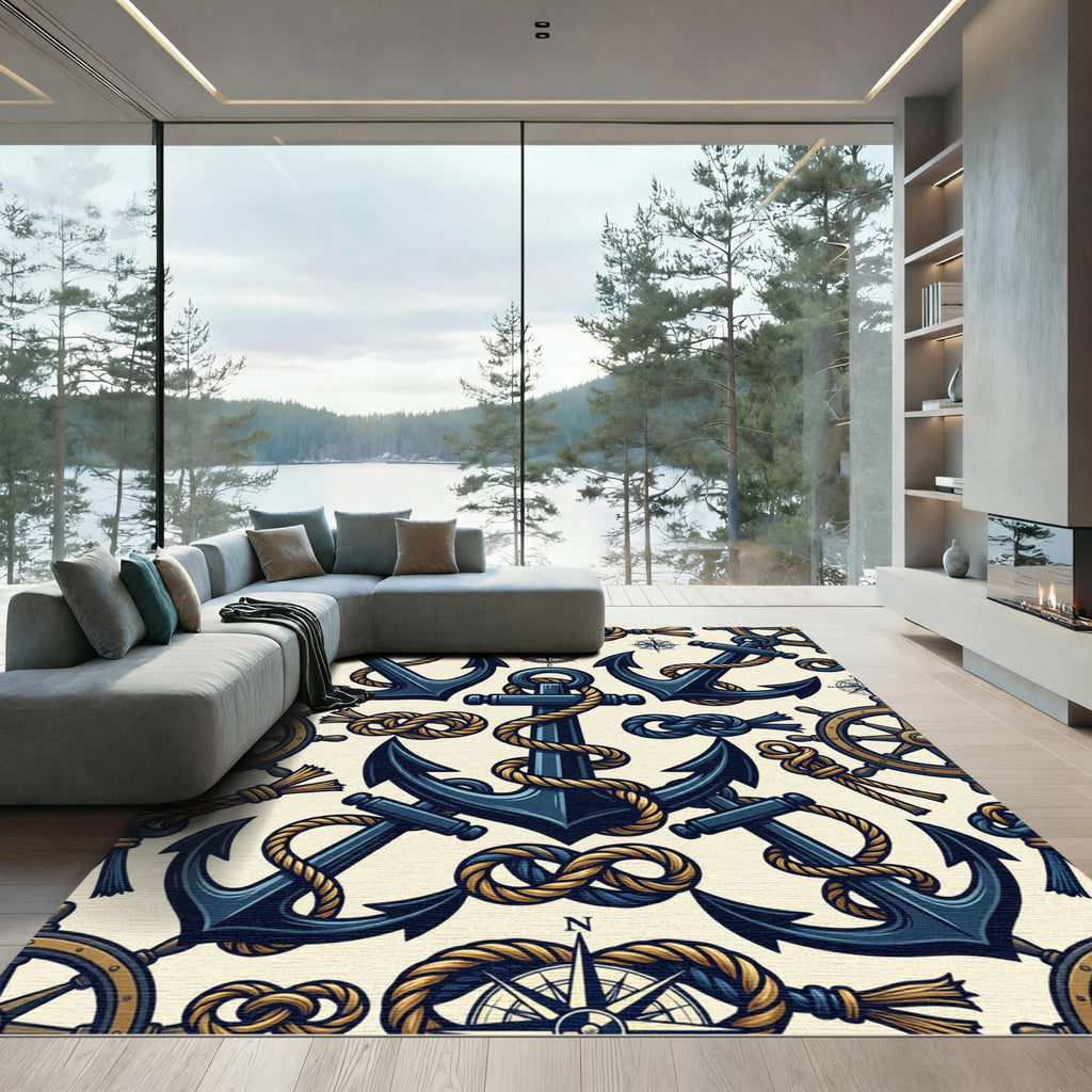 Nautical Anchor Navy And Gold Compass Rug