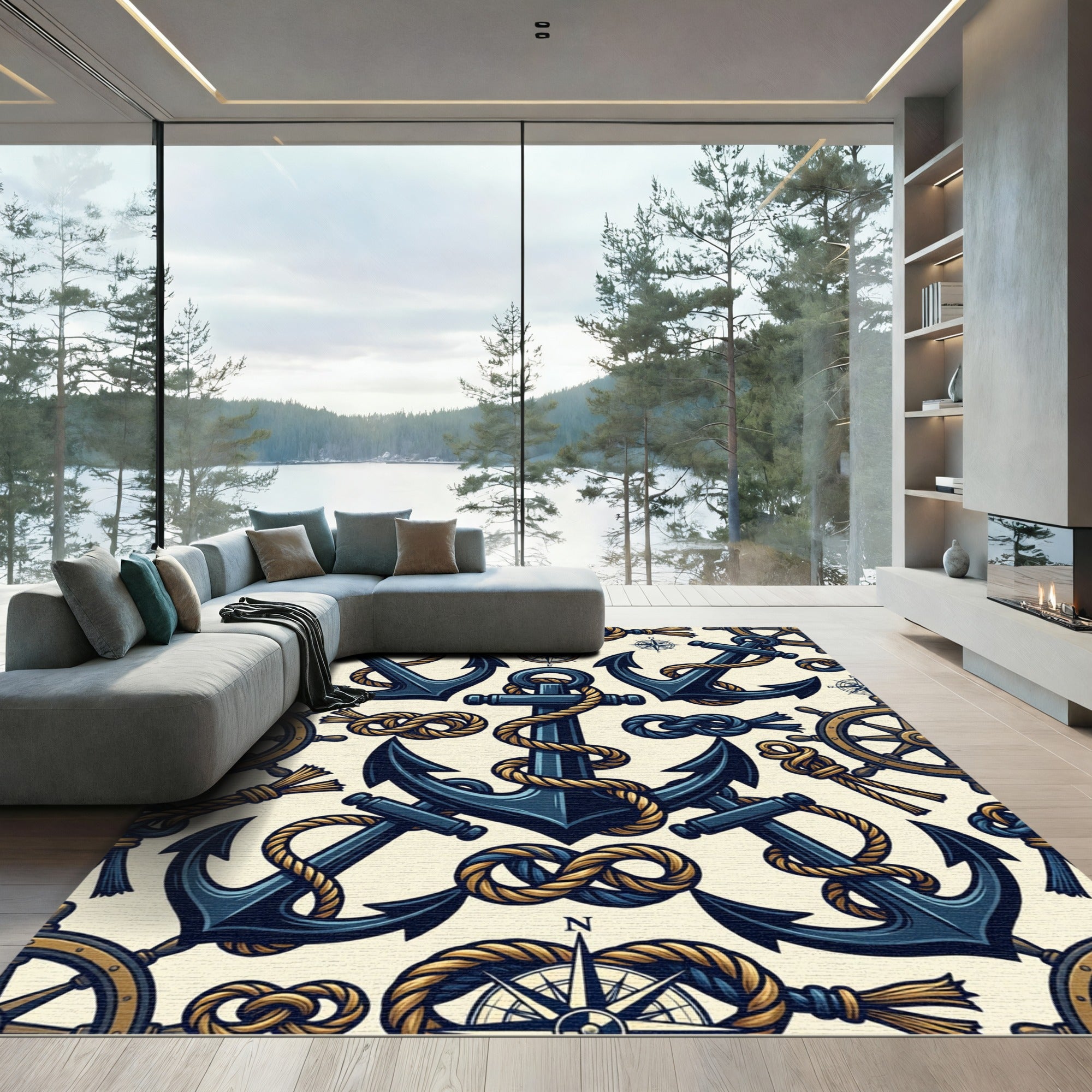 Nautical Anchor Navy And Gold Compass Rug