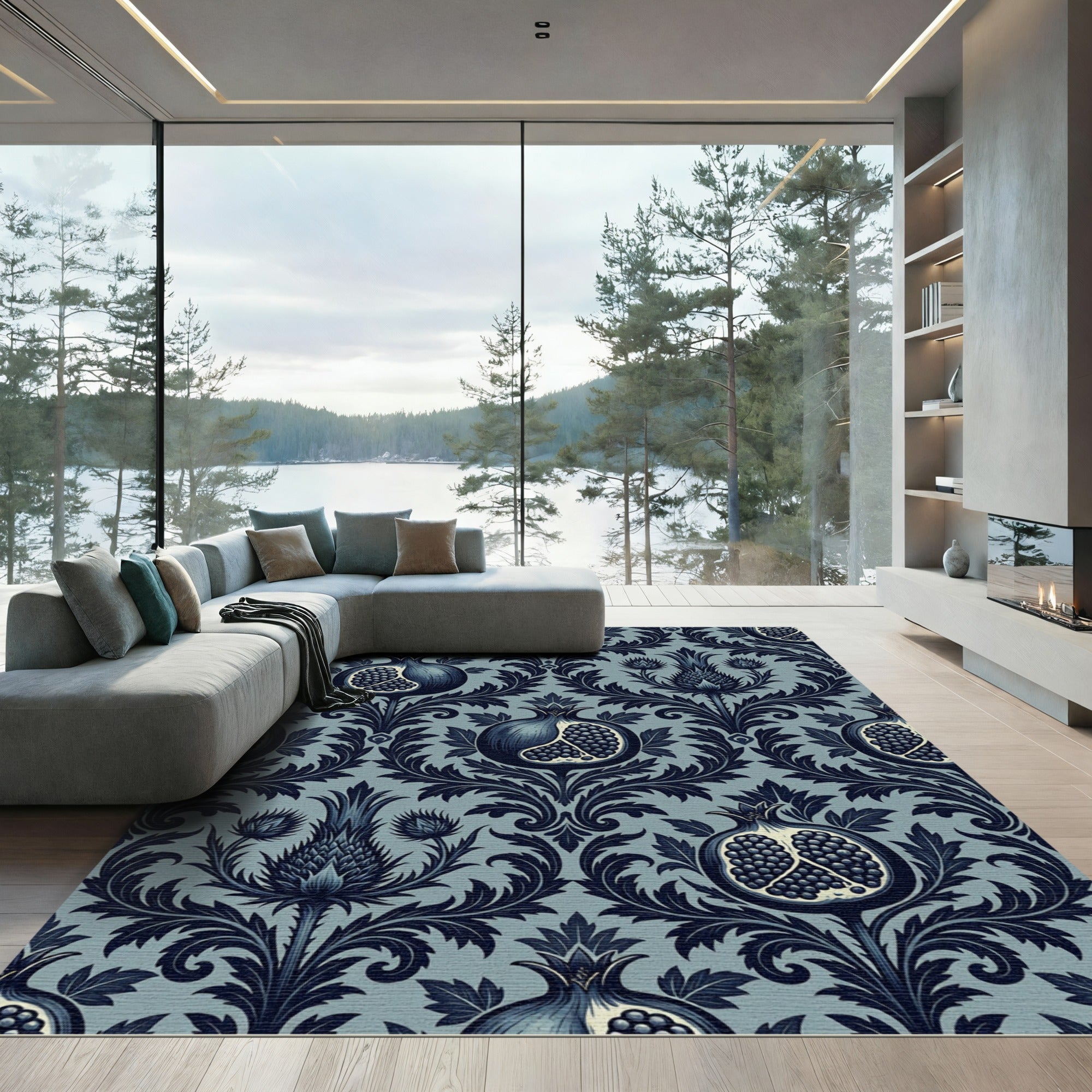 Classic Blue Pomegranate Floral Damask Rug