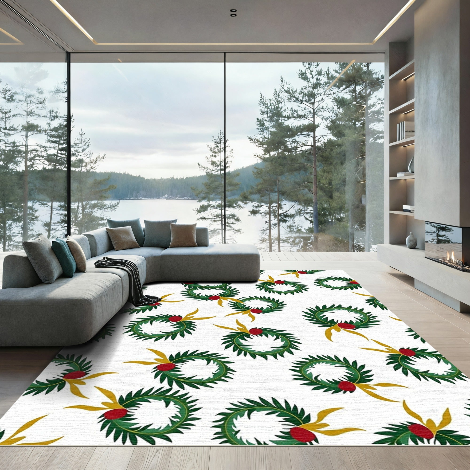 Green Wreath Red Berry Garland Rug
