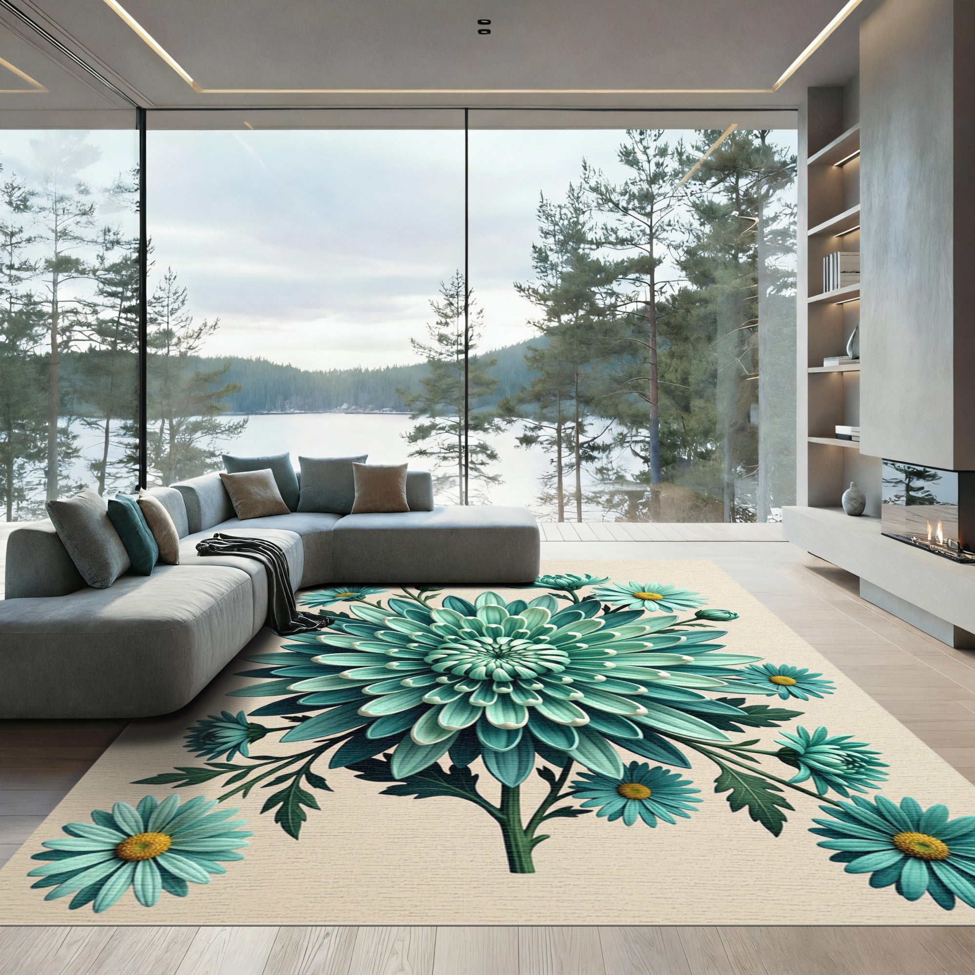 Sophisticated Teal Chrysanthemum Botanical Illustration Rug