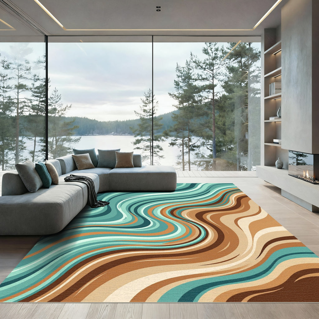 Aqua Brown Abstract Flowing Waves Rug