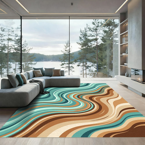 Aqua Brown Abstract Flowing Waves Rug