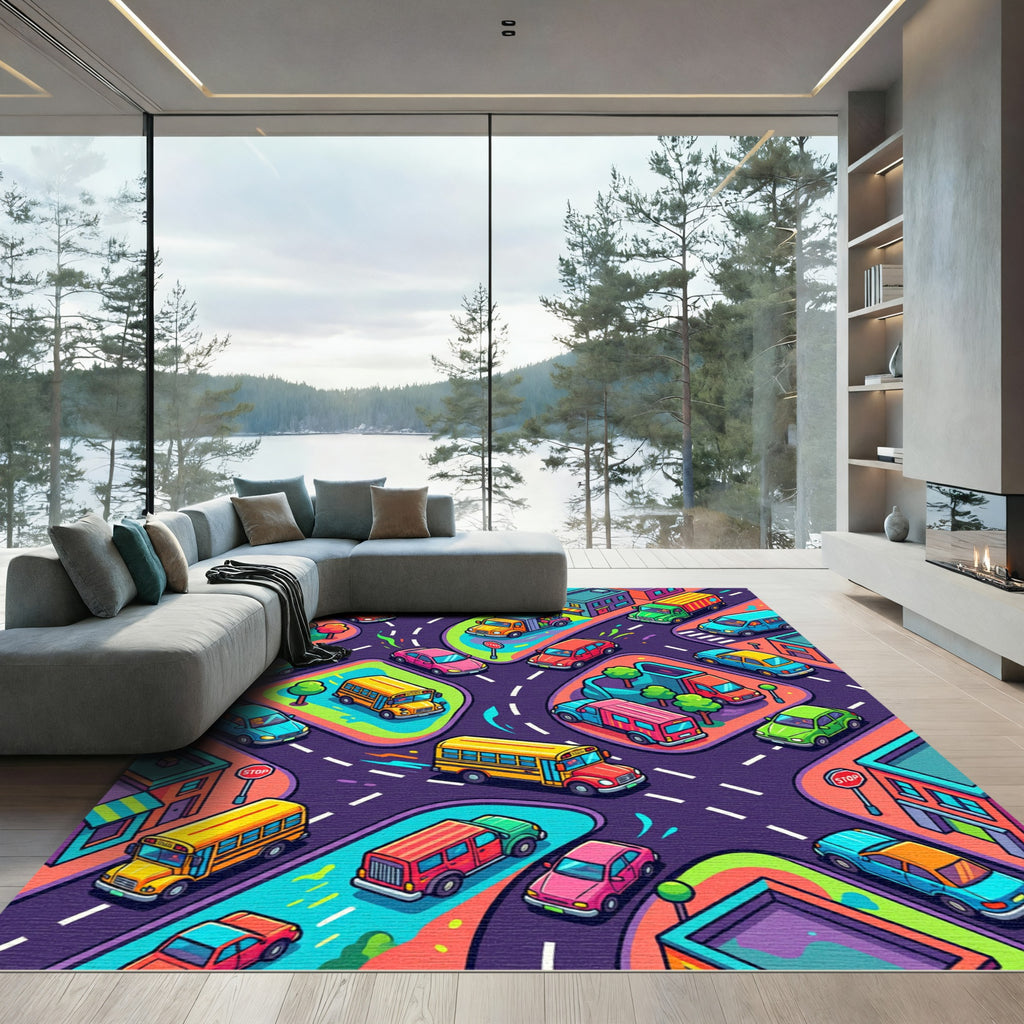 Vibrant Colorful Busy City Street Map Rug