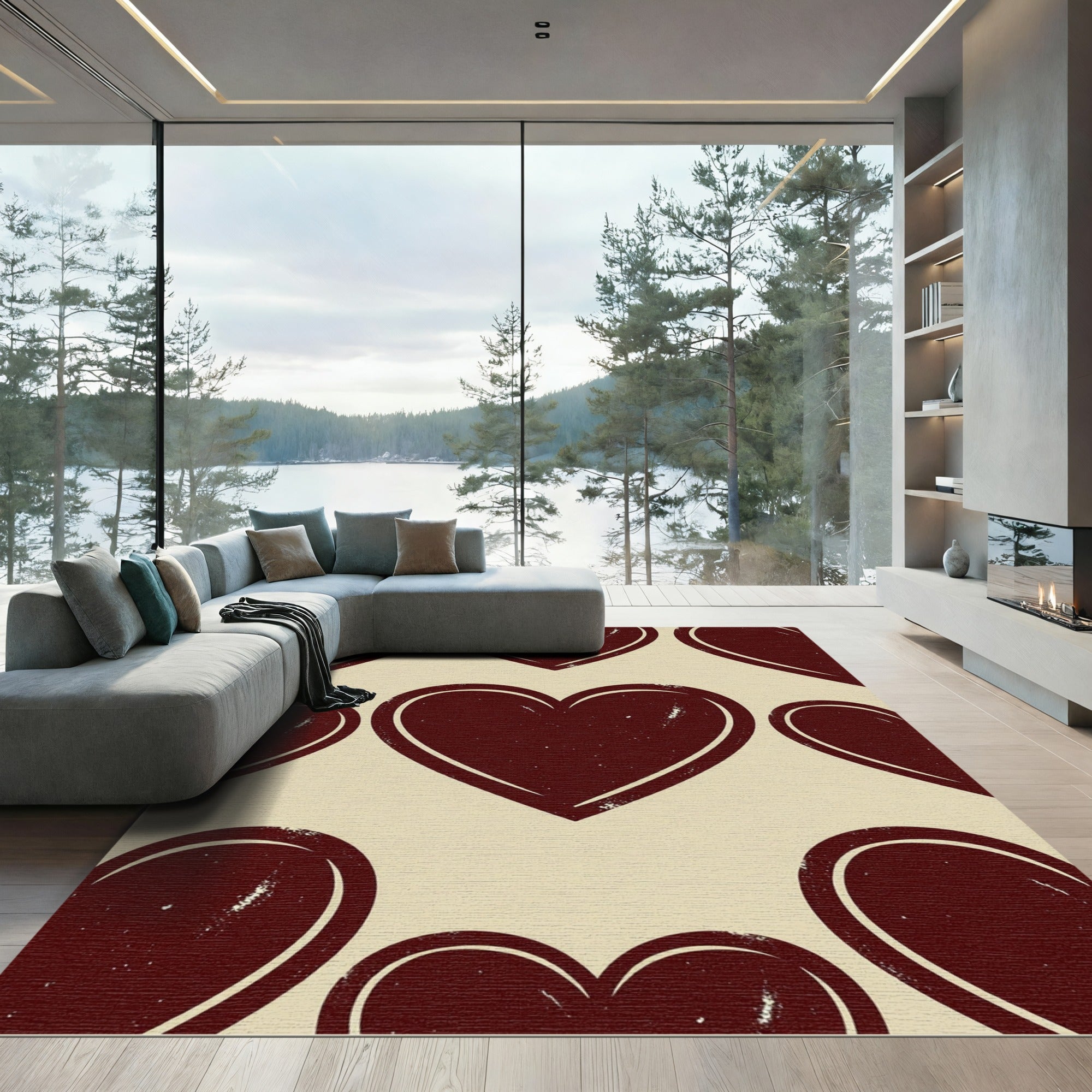 Dark Crimson Interlocking Heart Illustration Rug