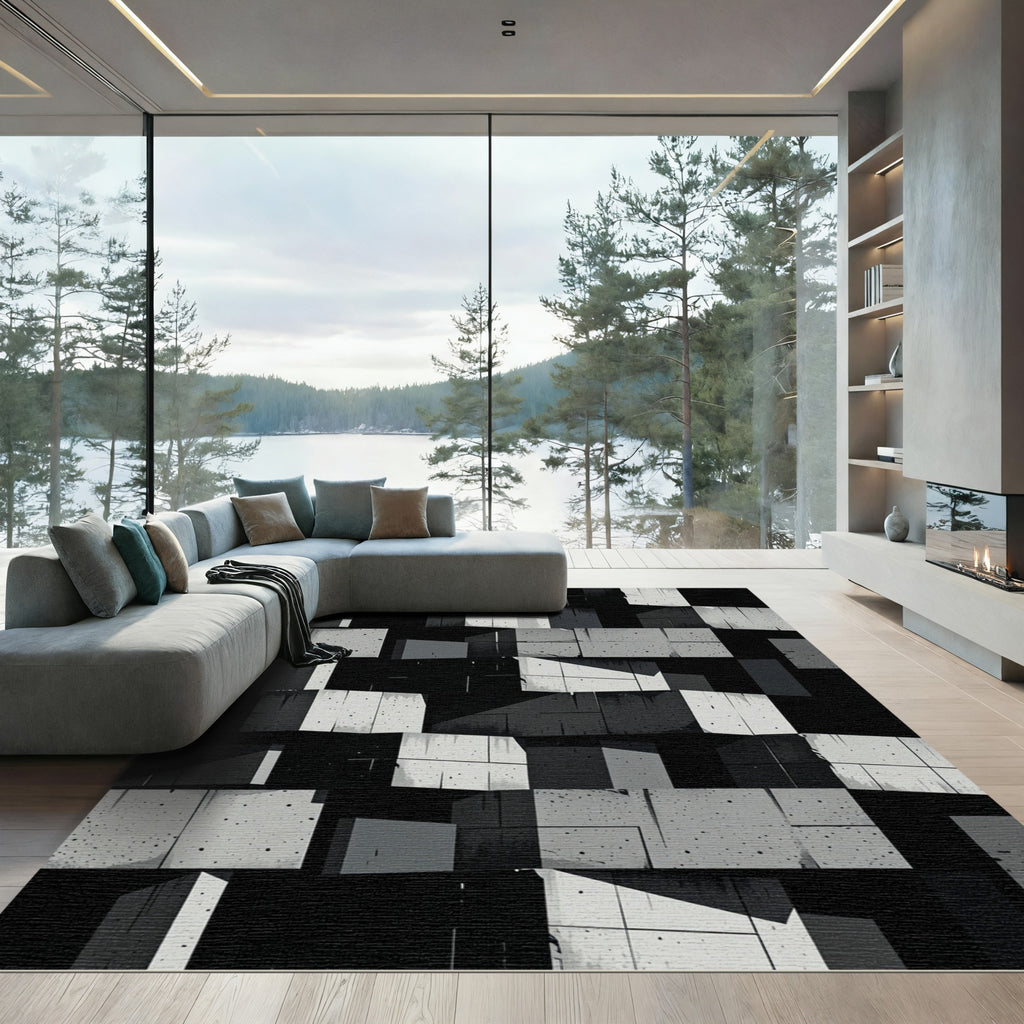 Monochrome Concrete Geometric Block Grid Rug