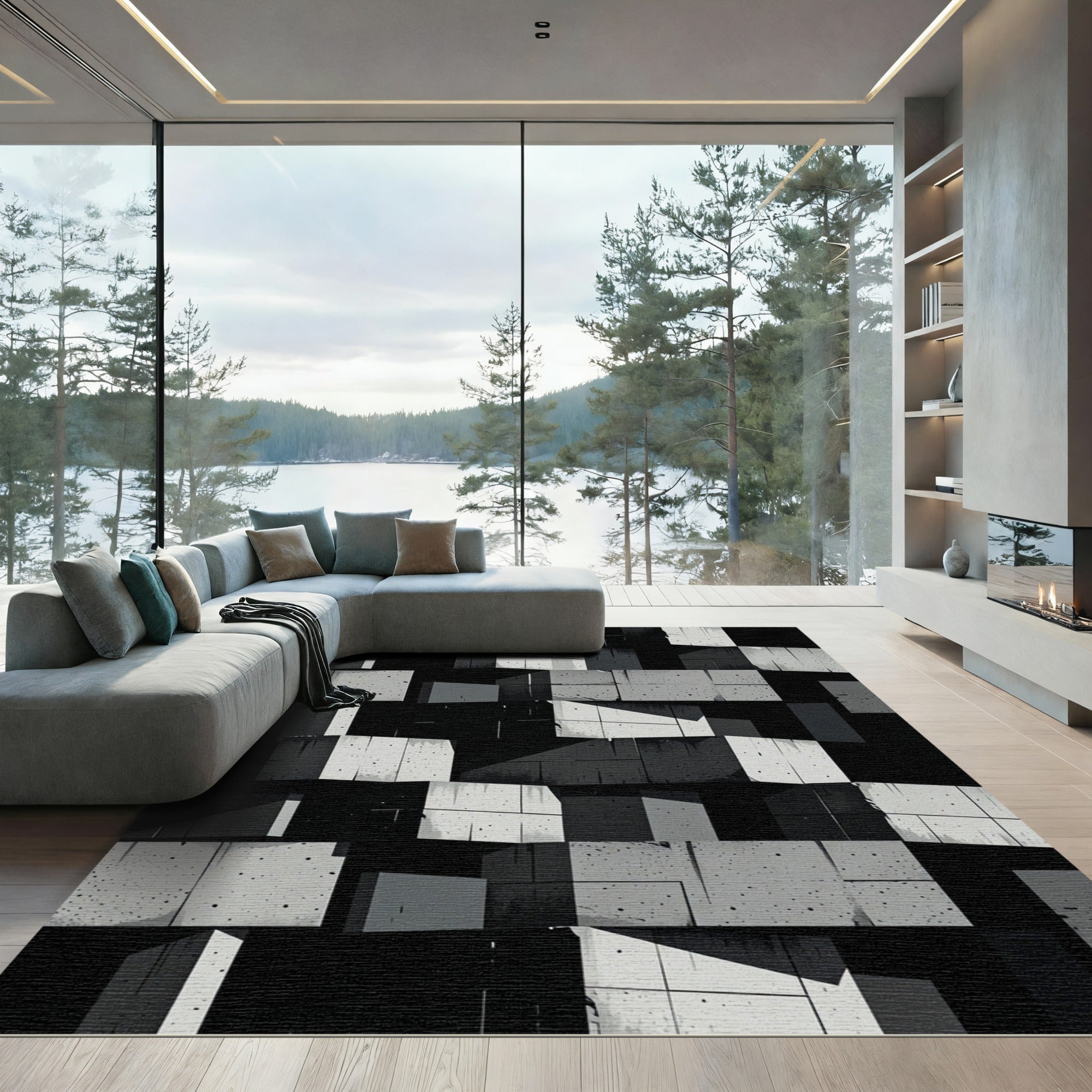 Monochrome Concrete Geometric Block Grid Rug