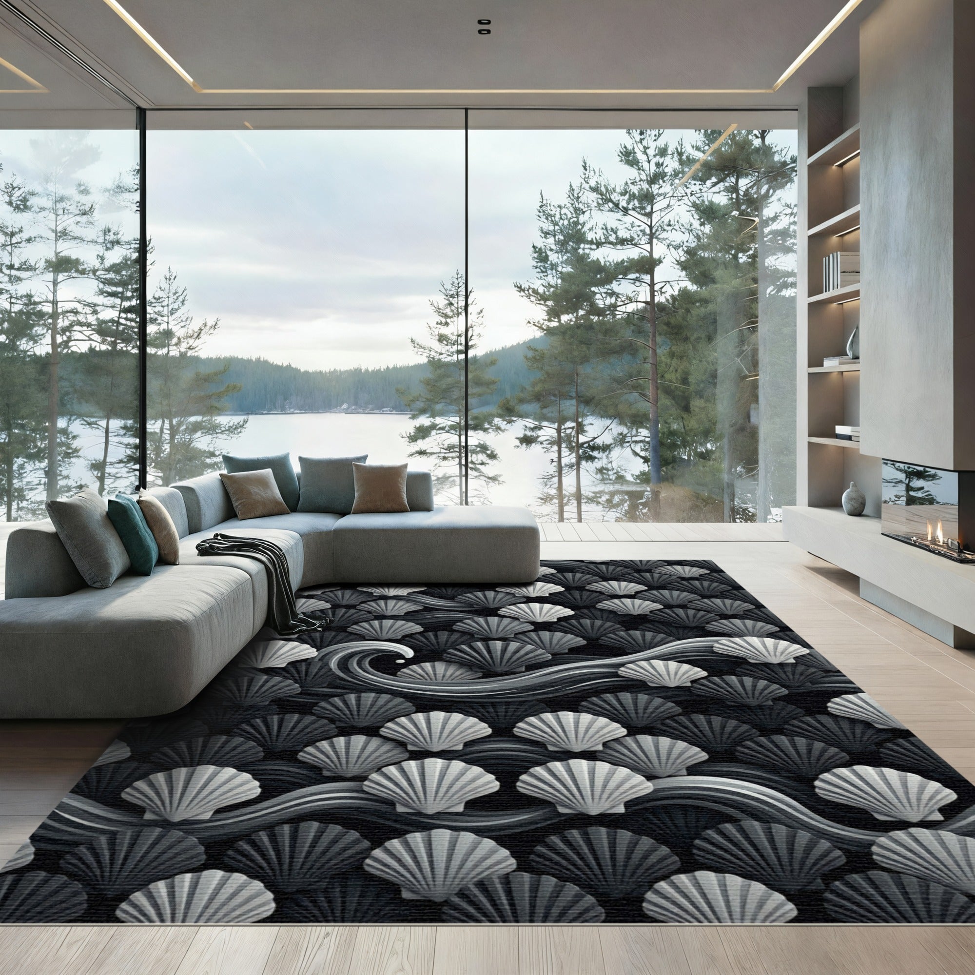 Monochromatic Seashell Wave Pattern Rug