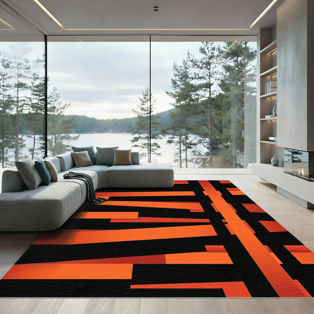 Bold Abstract Burnt Orange Geometric Stripe Rug