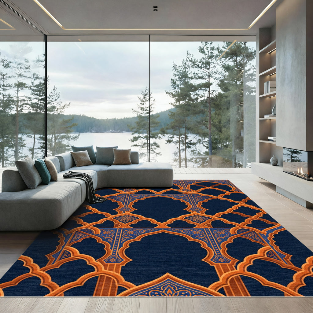 Ornate Azure Golden Archway Tapestry Rug