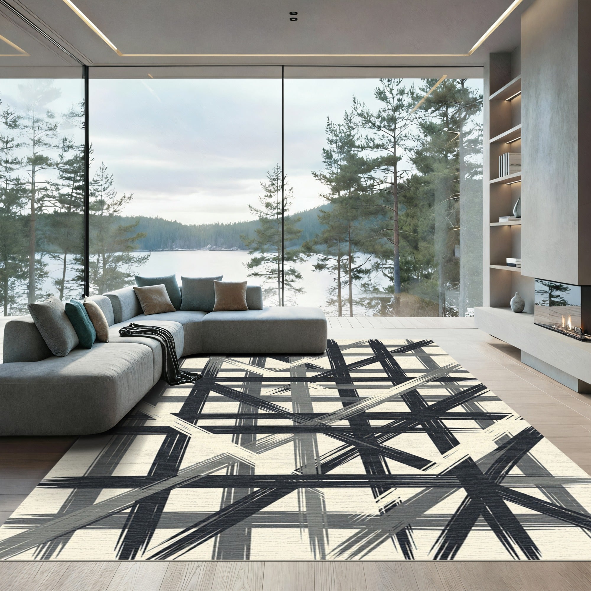 Abstract Black Gray Brushstroke Plaid Rug