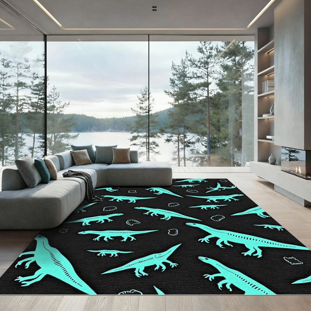 Aqua Dinosaurs and Fossils Scattered Rug