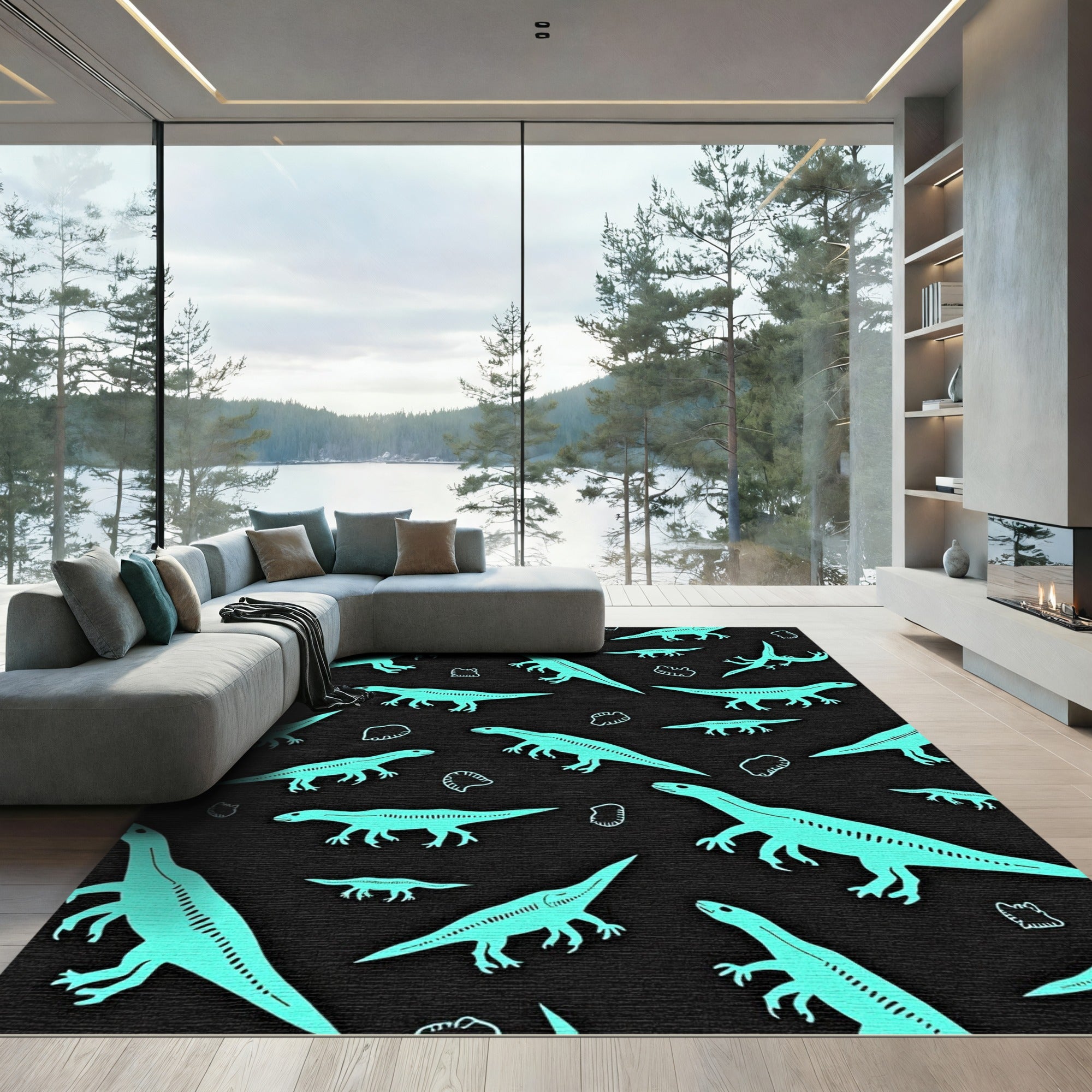 Aqua Dinosaurs and Fossils Scattered Rug