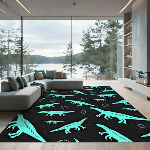 Aqua Dinosaurs and Fossils Scattered Rug