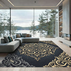 Elegant Gold Damask Charcoal Medallion Rug