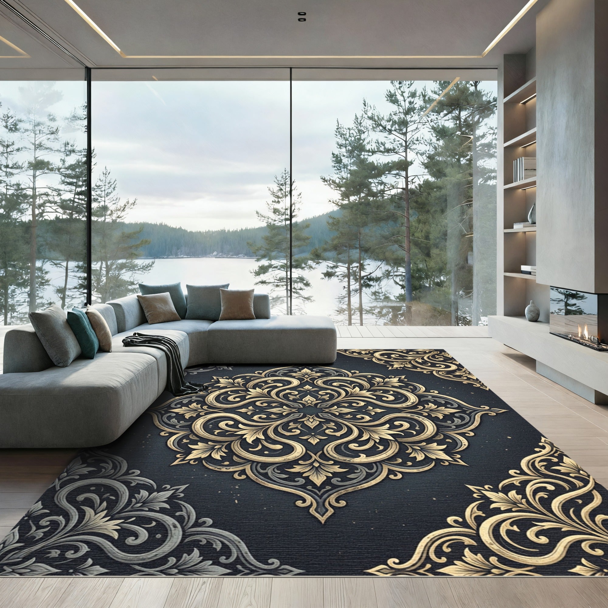 Elegant Gold Damask Charcoal Medallion Rug