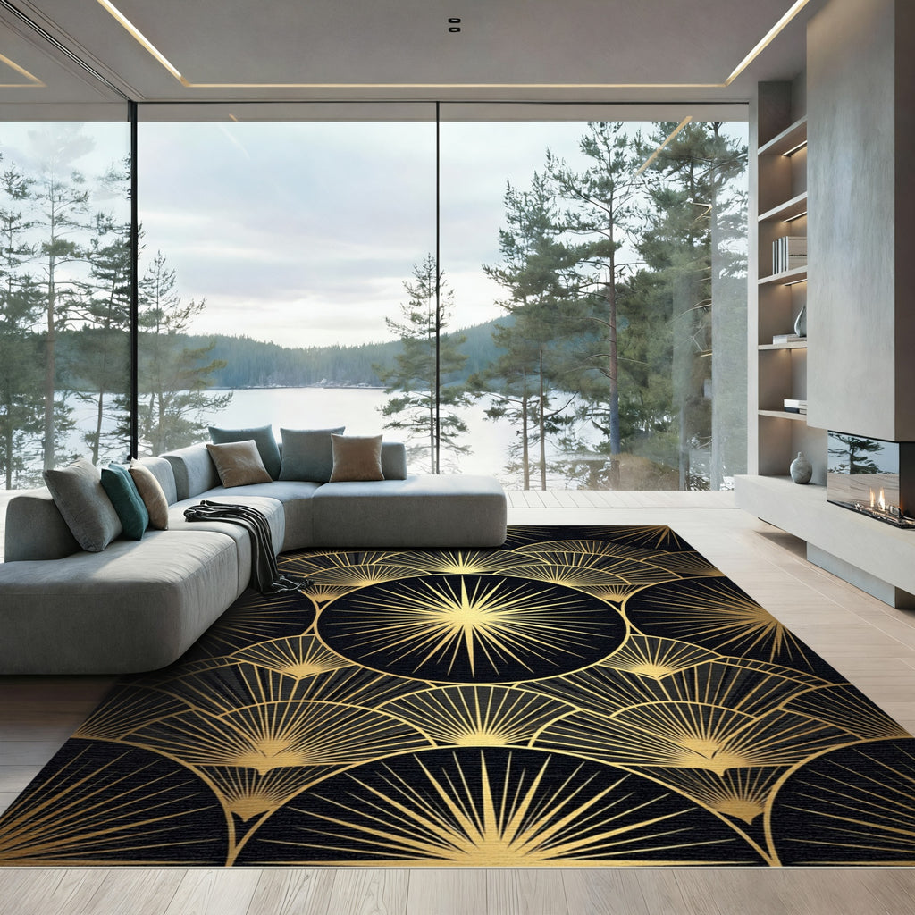 Art Deco Golden Fan Burst Rug