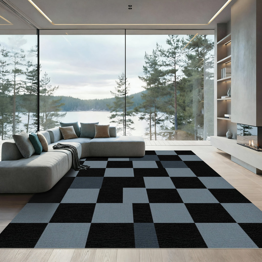 Modern Charcoal and Slate Geometric Grid Rug