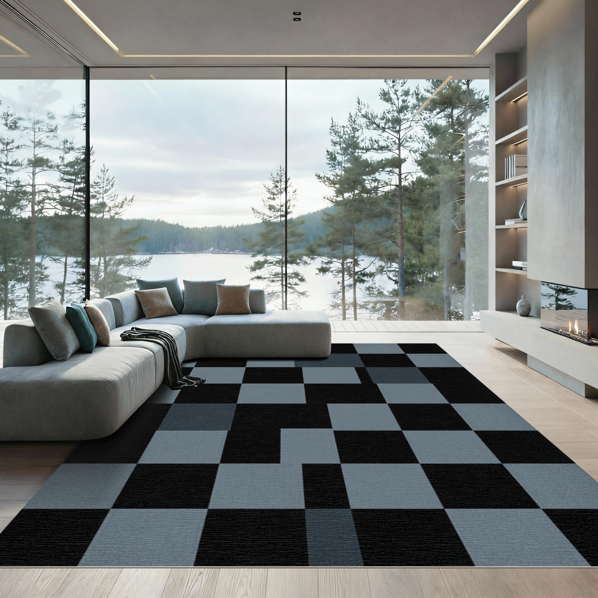 Modern Charcoal and Slate Geometric Grid Rug