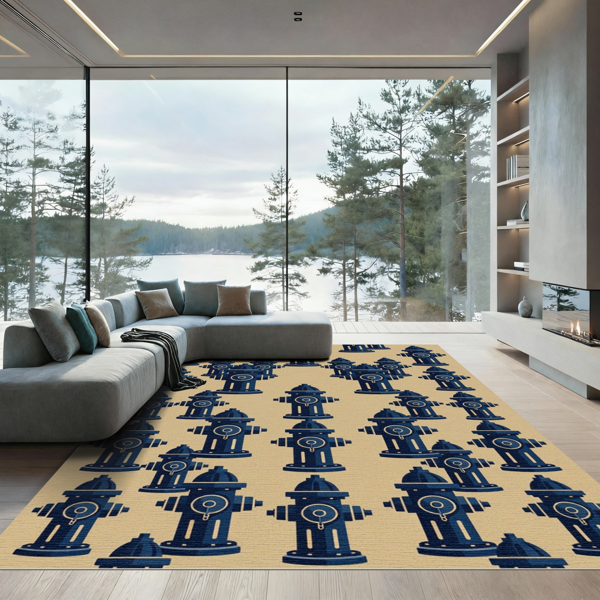 Navy Blue Industrial Hydrant Grid Rug