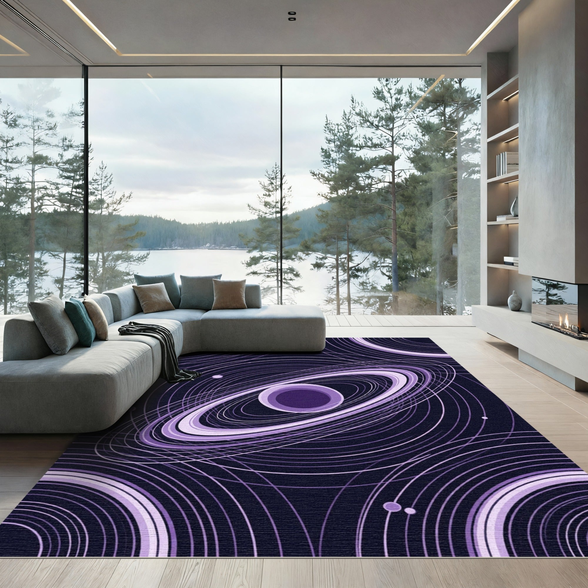 Celestial Violet Ringed Planet Orbit Rug
