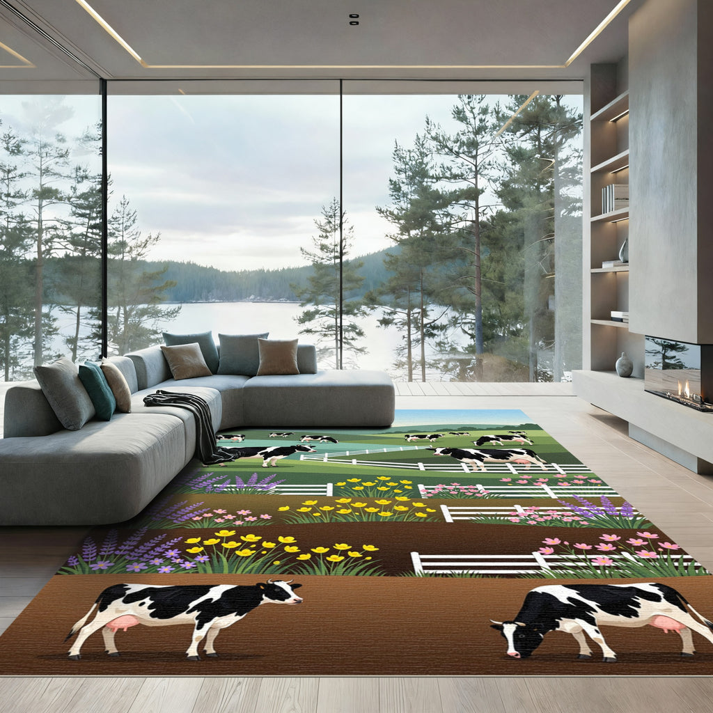 Pastoral Farmhouse Black and White Cows Rug