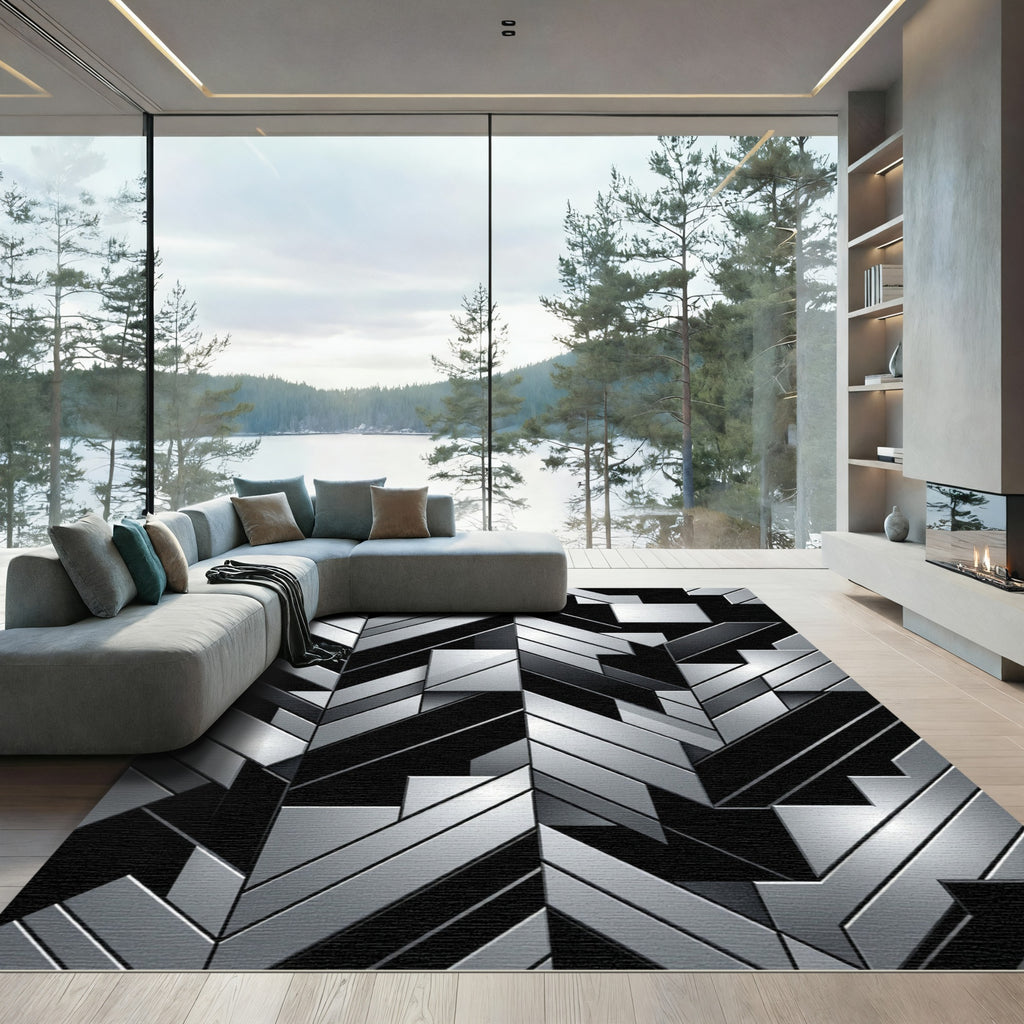 Metallic Silver Geometric Herringbone Rug