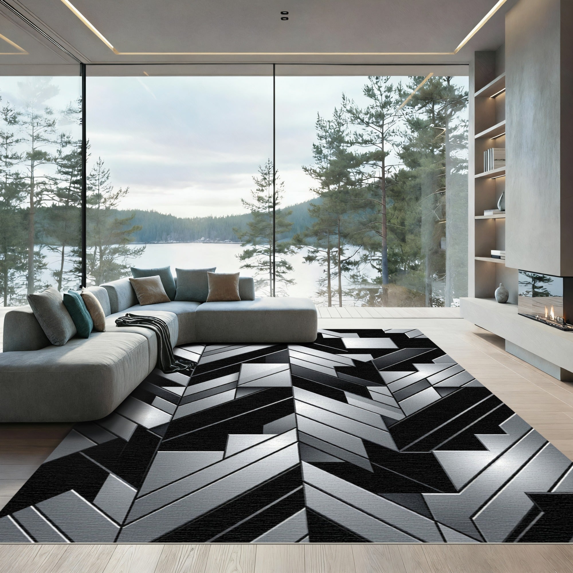 Metallic Silver Geometric Herringbone Rug
