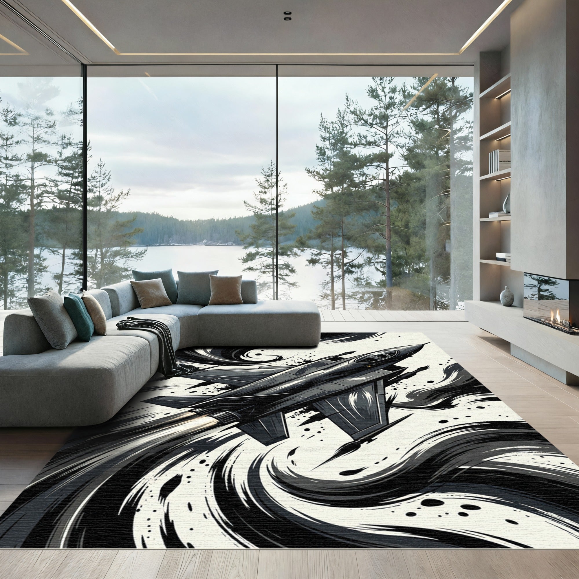 Dark Jet Fighter Swirl Motion Rug