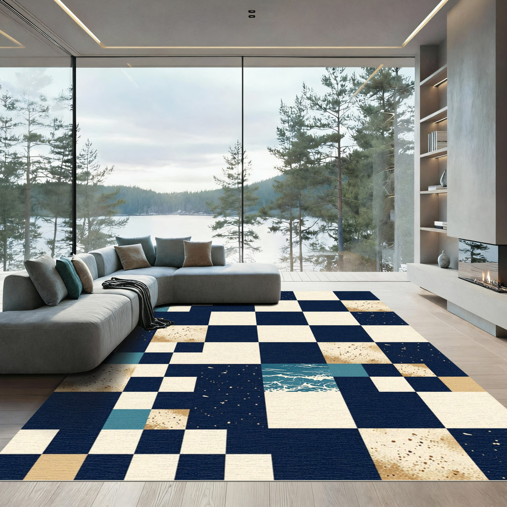 Geometric Navy Blue Cosmic Ocean Square Rug