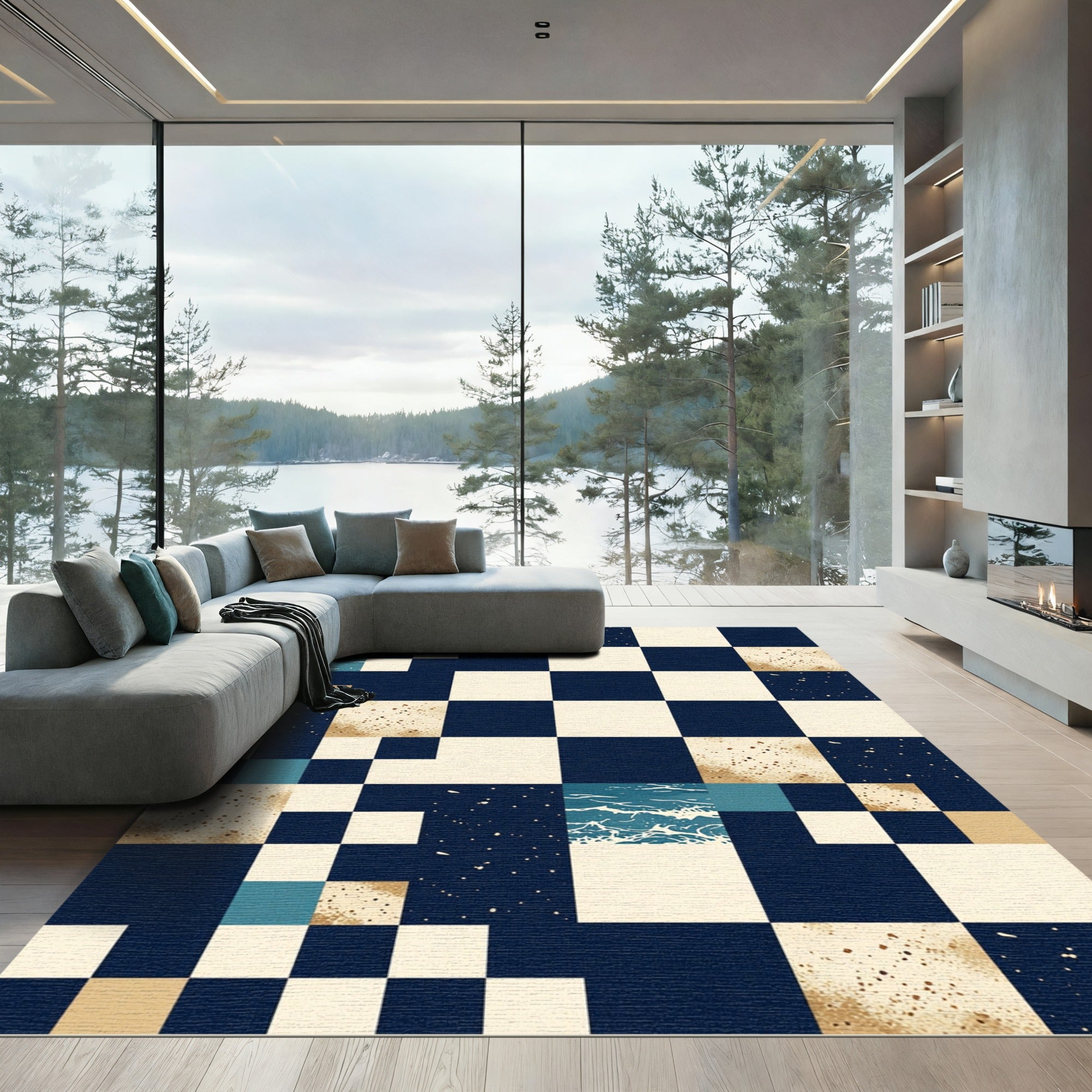 Geometric Navy Blue Cosmic Ocean Square Rug