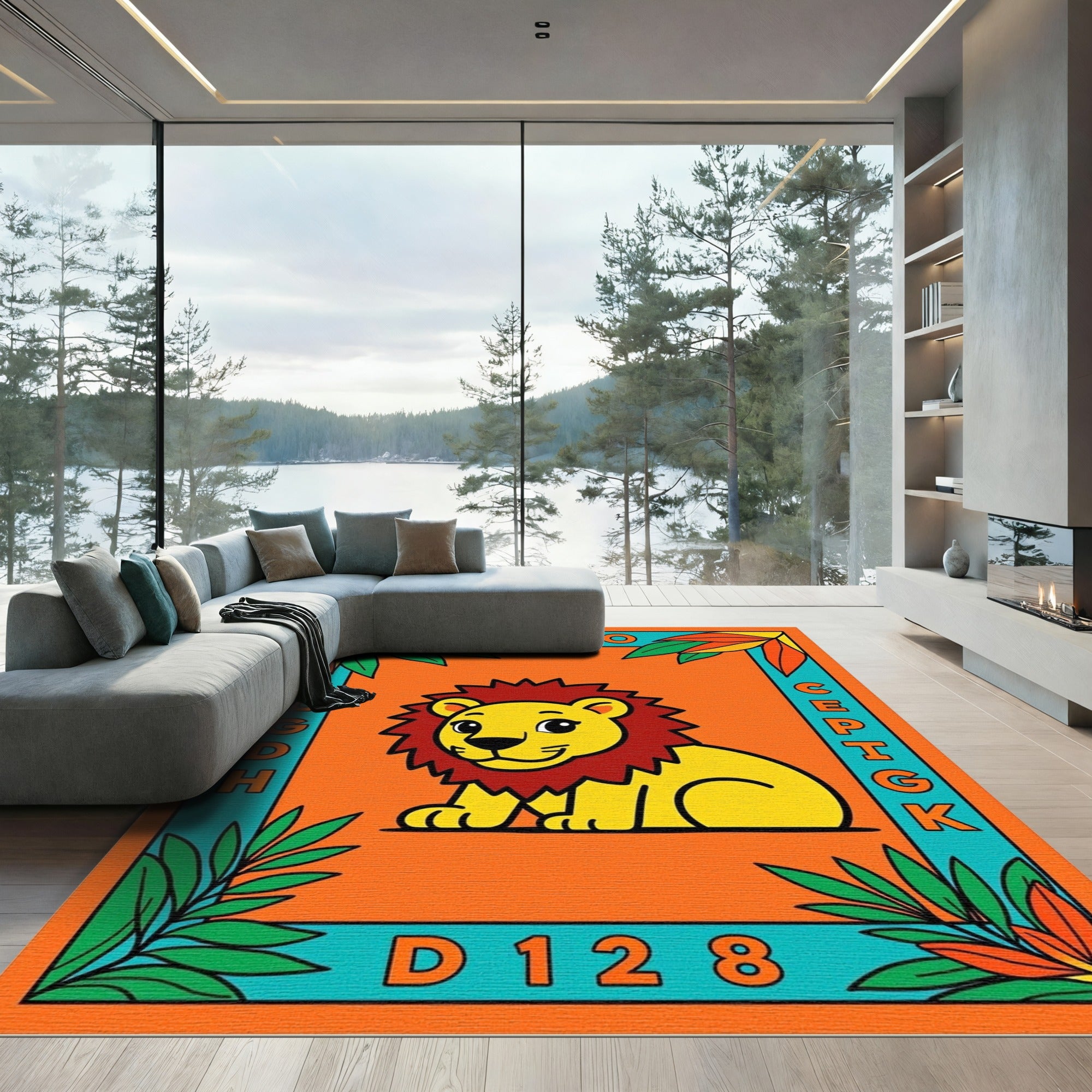 Playful Yellow Lion Orange Border Rug
