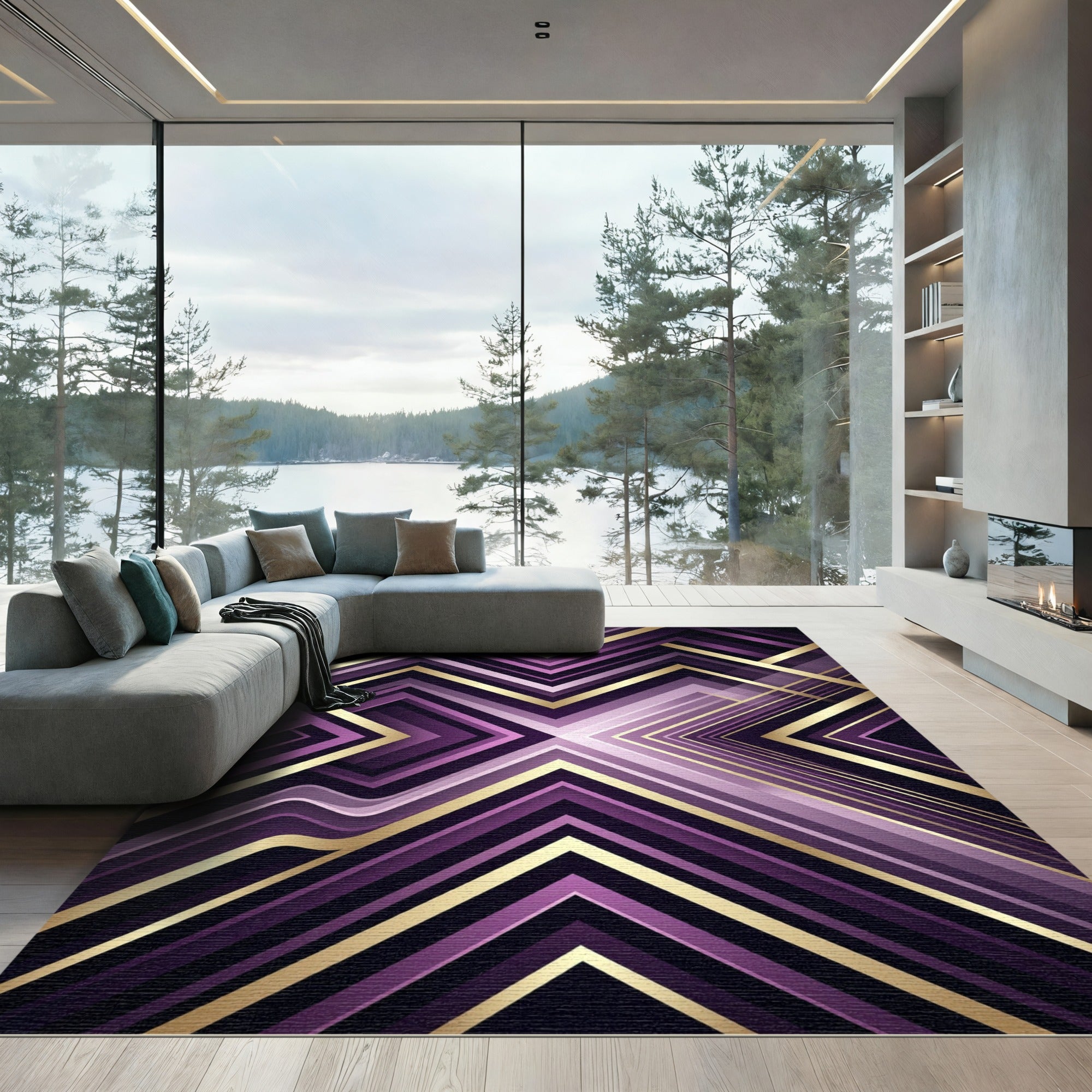 Geometric Purple and Gold Chevron Art Rug