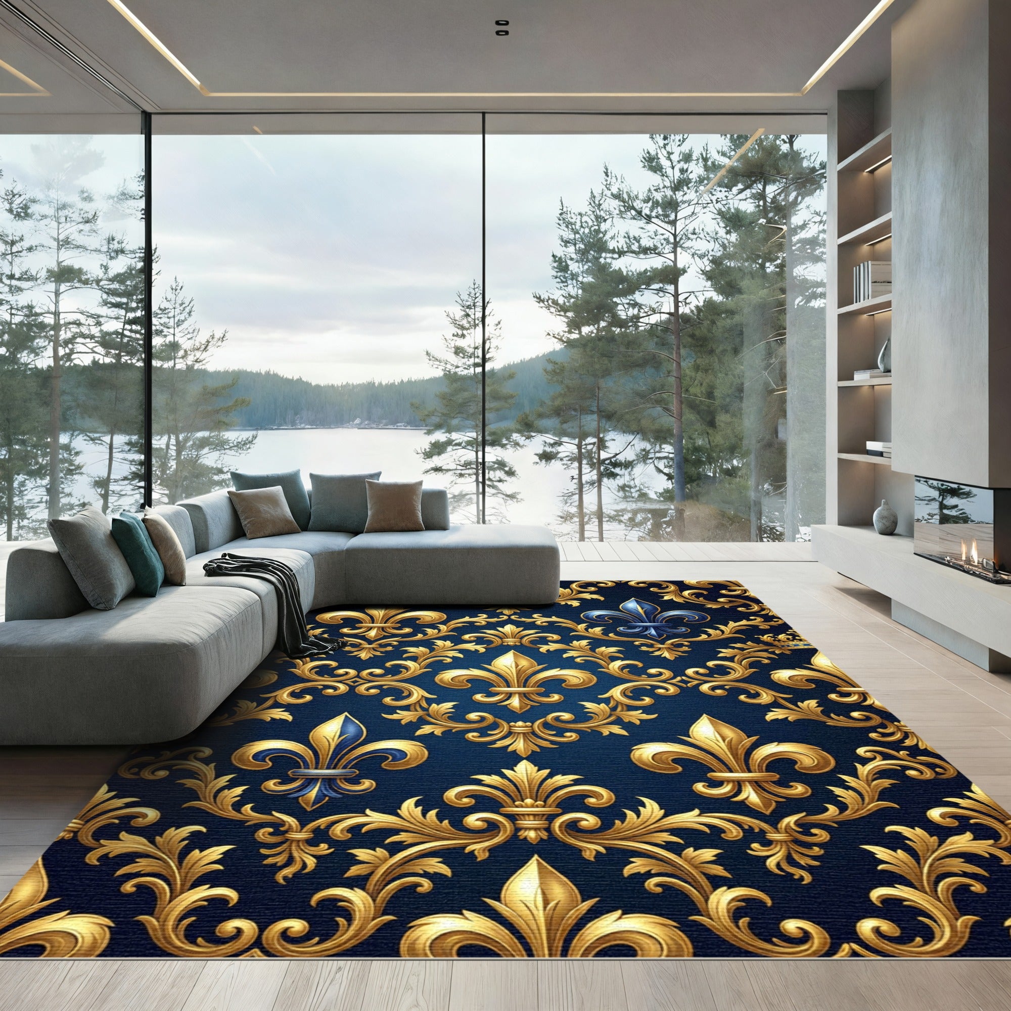 Royal Golden Fleur de Lis Navy Rug