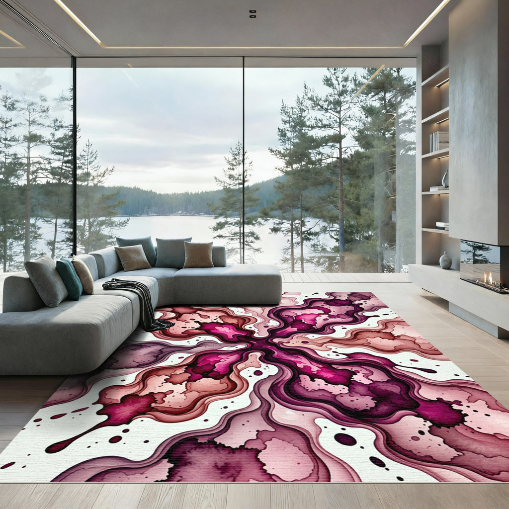 Vibrant Magenta Ink Swirl Abstract Rug