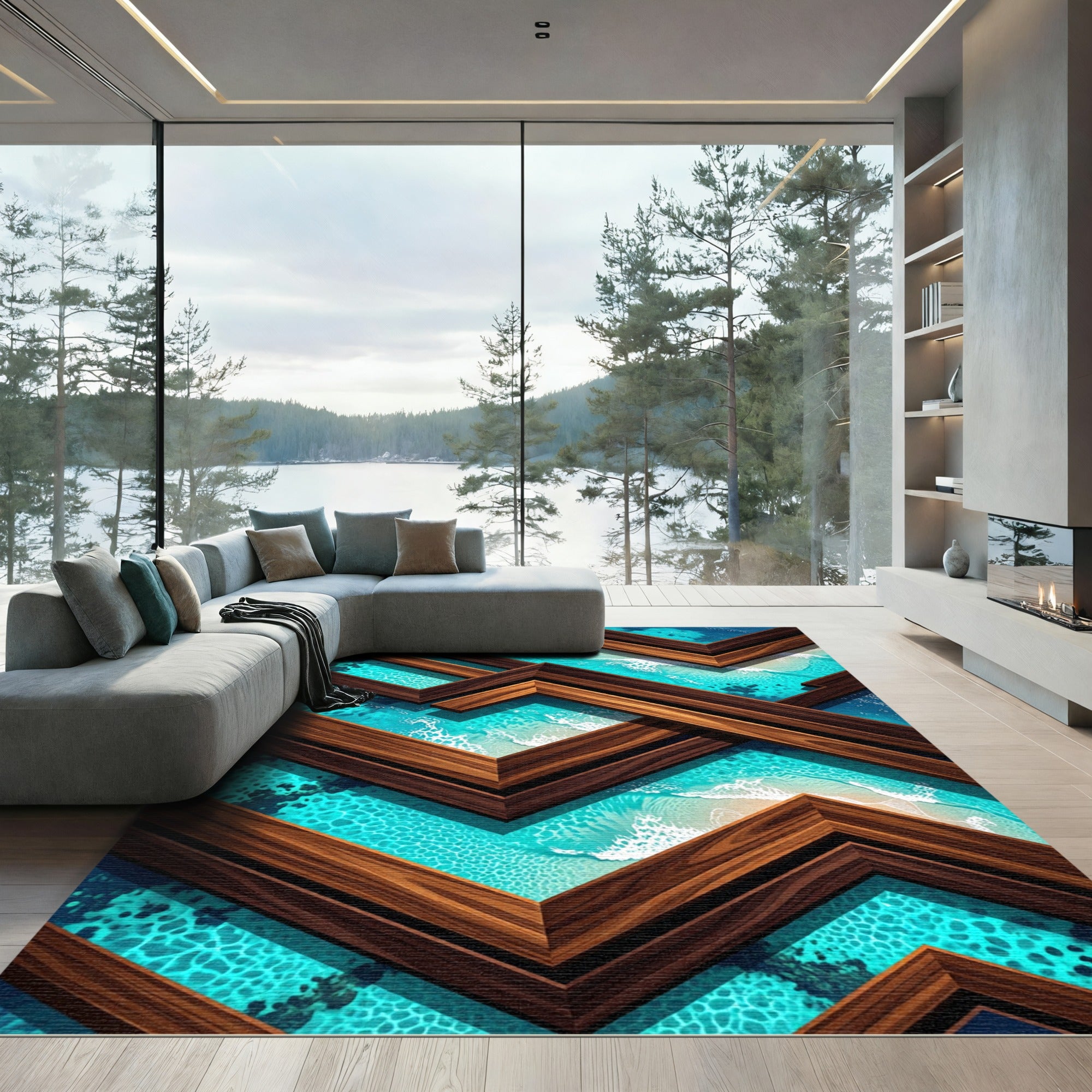 Geometric Wooden Frame Ocean Wave Art Rug
