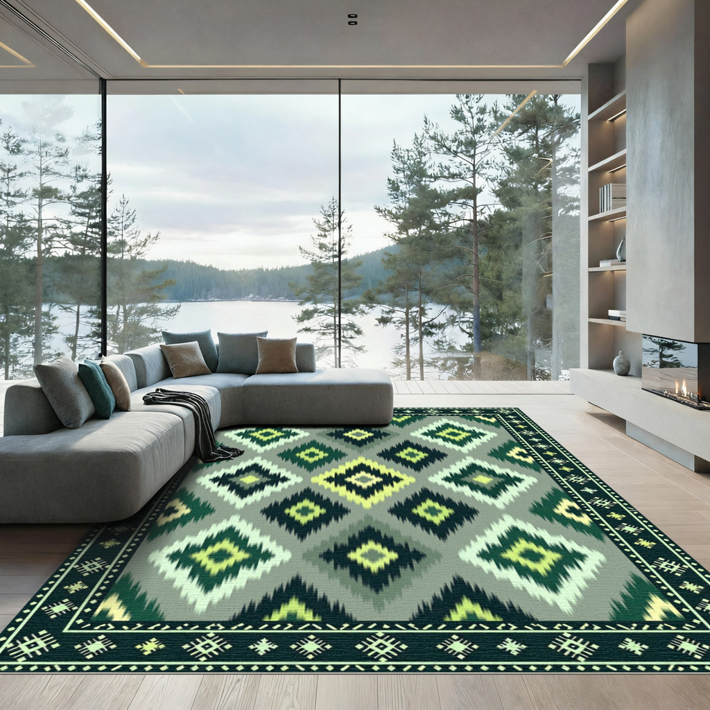 Geometric Diamond Green Abstract Rug