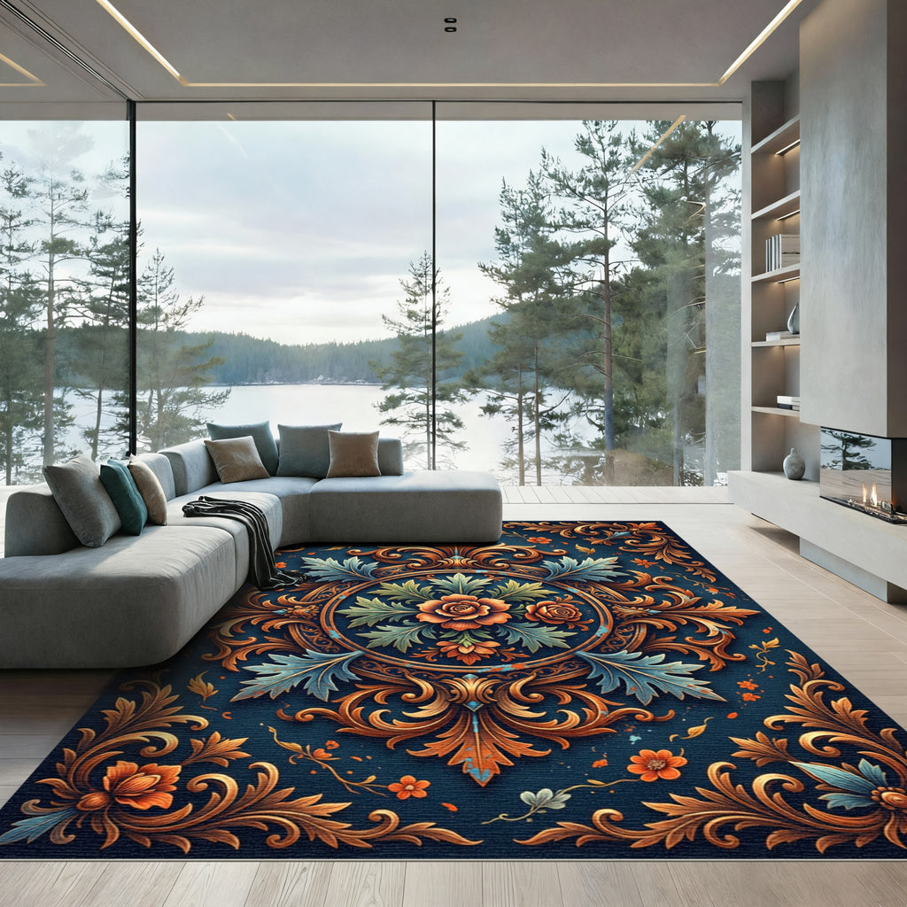 Ornate Teal Orange Floral Emblem Rug