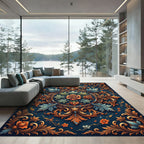 Ornate Teal Orange Floral Emblem Rug