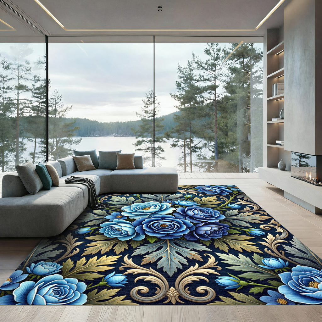 Dark Blue Floral Scrollwork Arrangement Rug