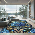 Dark Blue Floral Scrollwork Arrangement Rug