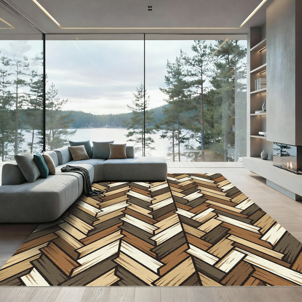 Neutral Earthy Herringbone Wood Grain Rug