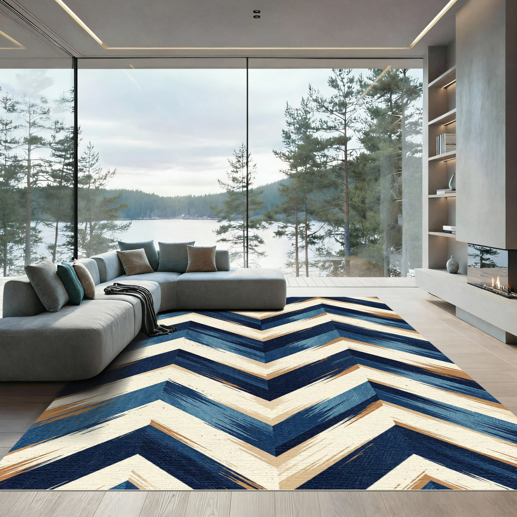 Textured Blue Tan Chevron Stripes Rug
