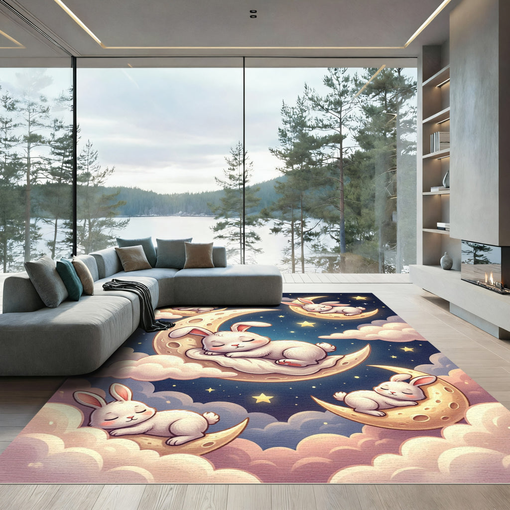 Whimsical Sleepy Bunnies on Golden Moons Rug