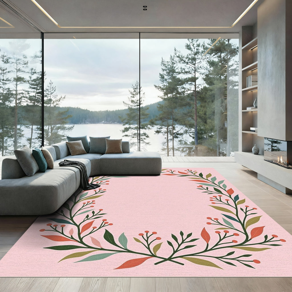 Coral Green Leaf Berry Garland Rug