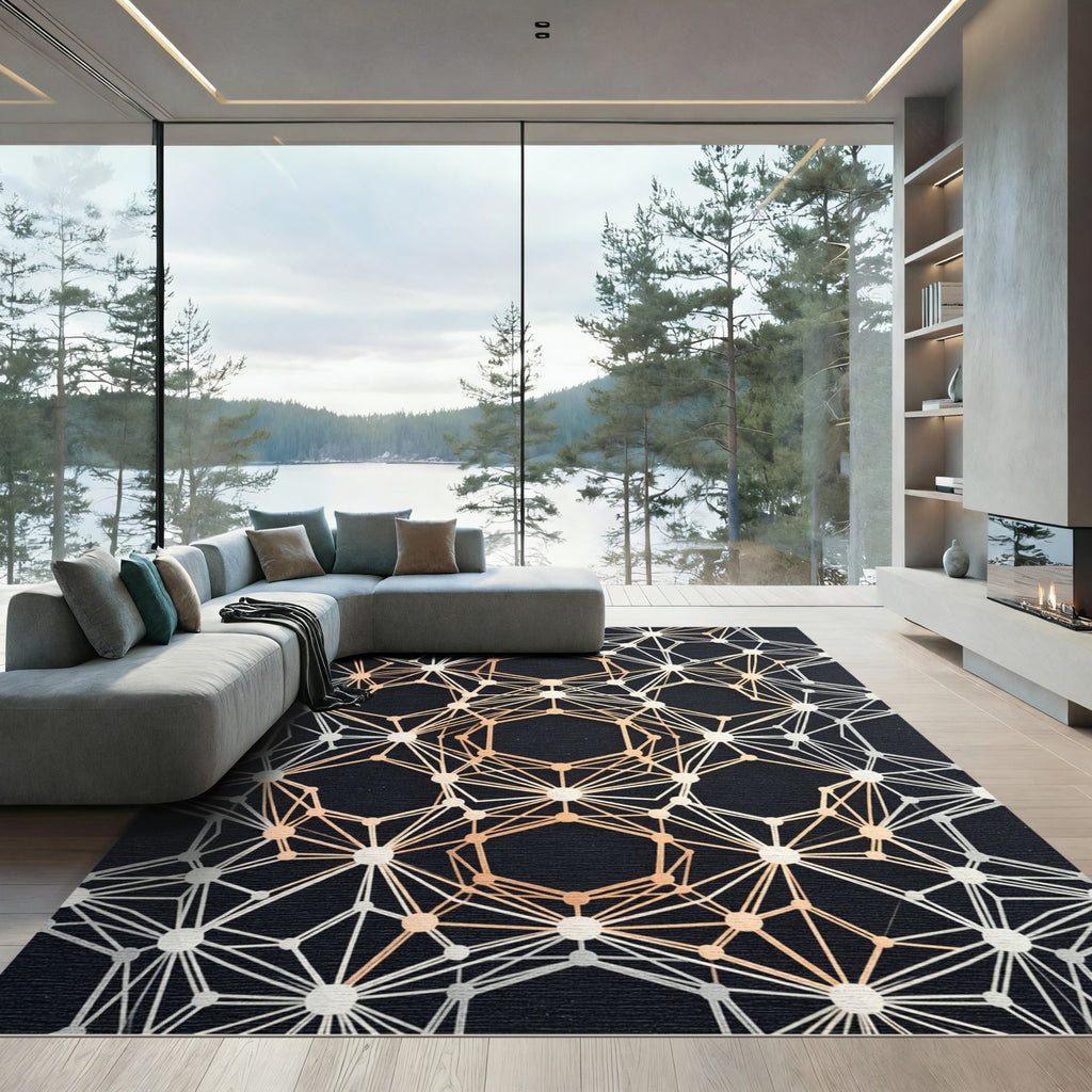 Geometric Copper and White Network Rug