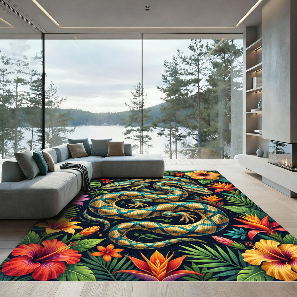 Lush Golden Azure Reptile Tropical Flora Rug